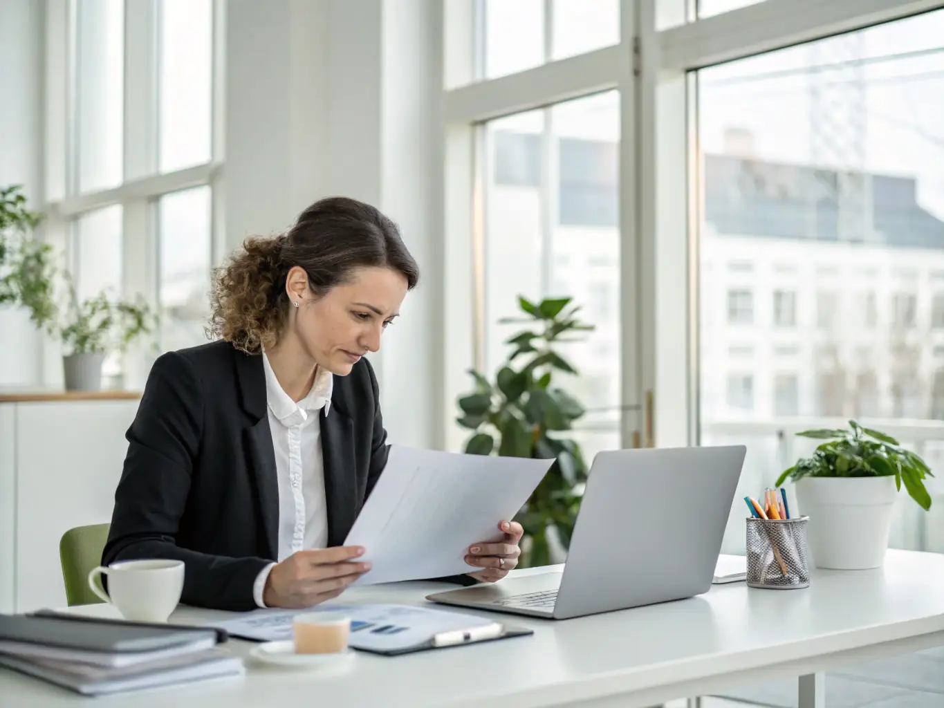 A consultant sitting at a desk, reviewing software development plans with a client in a modern office setting, emphasizing collaboration and strategic planning.