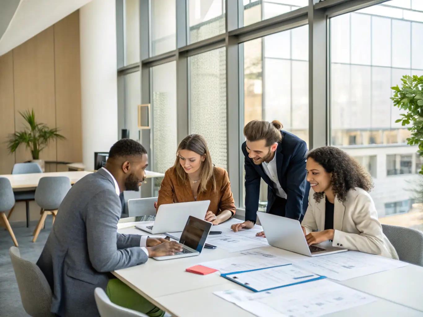 A photograph showcasing a diverse team collaborating efficiently in a modern office environment, using digital tools and automated systems to manage workflows seamlessly.