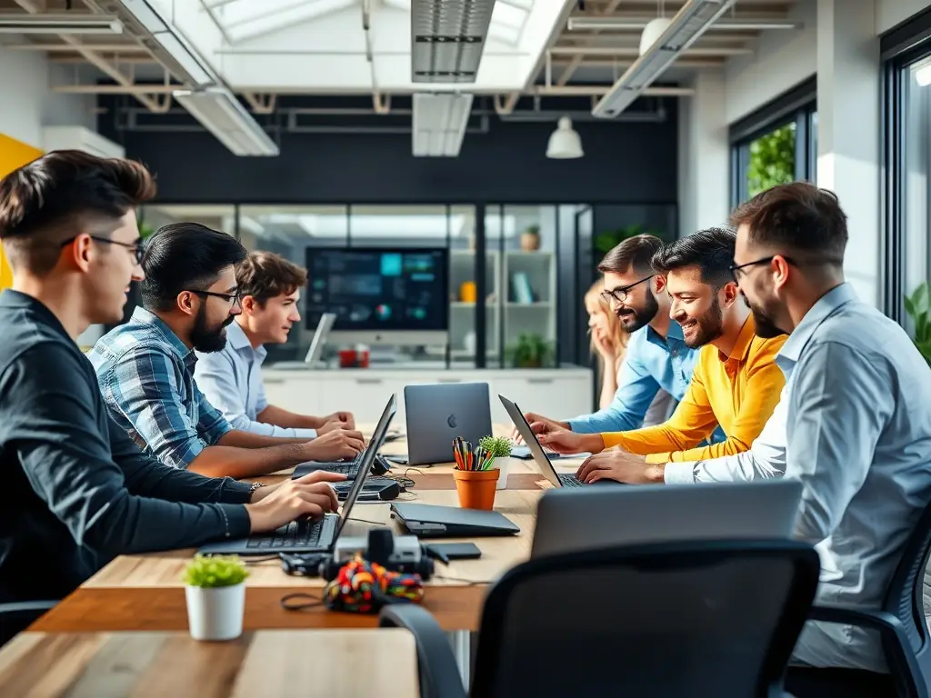 A dynamic image showing a diverse team of software developers collaborating in a modern, open office space, symbolizing innovation and teamwork at ART Media Solutions.