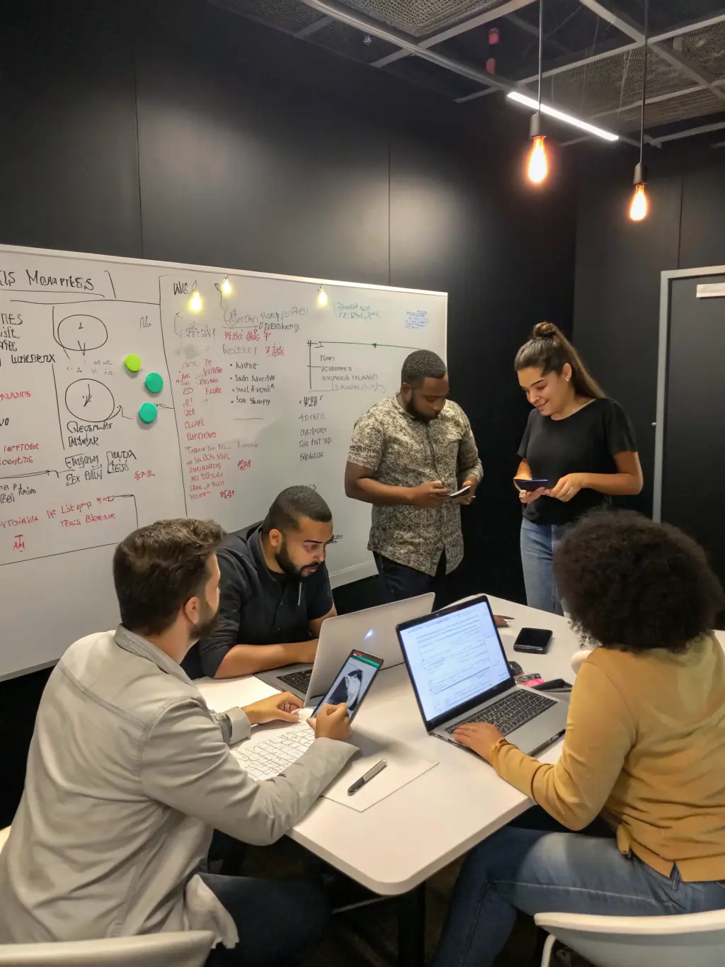 A diverse team of software developers brainstorming around a table, sketching ideas on a whiteboard, representing collaborative strategic planning.